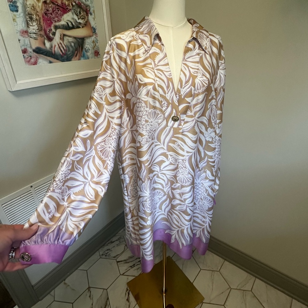 Lilly Pulitzer Tan, White & Lavender Floral Button-Front Tunic - Picture 4 of 5